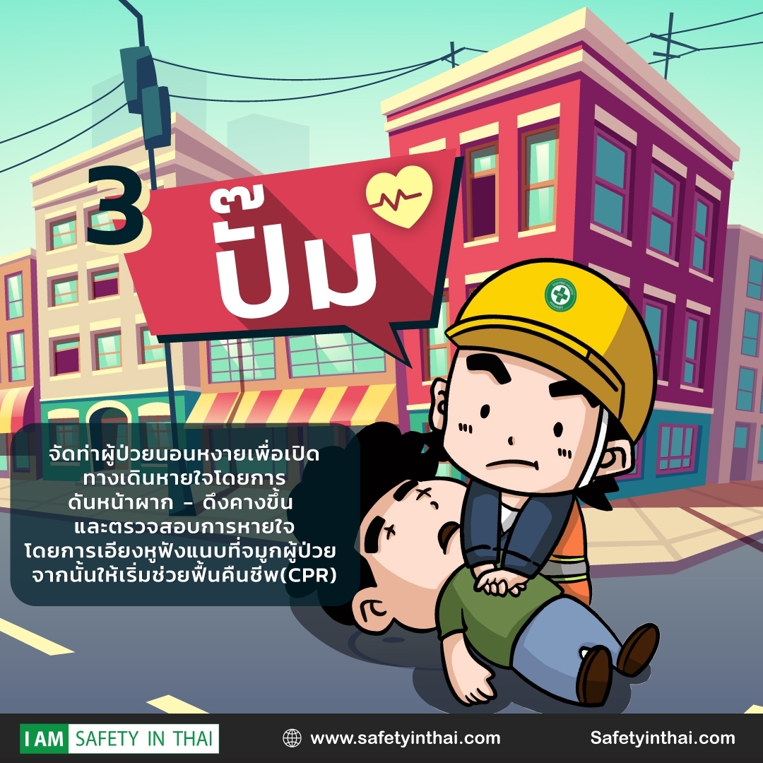 3 ย จัดท่าผู้ป่วยนอนหงายเพื่อเปิด ทางเดินหายใจโดยการ ดันหน้าผาก - ดึงคางขึ้น และตรวจสอบการหายใจ โดยการเอียงหูฟังแนบที่จมูกผู้ป่วย จากนั้นให้เริ่มช่วยฟื้นคืนชีพ(CPR) I AM SAFETY IN THAI www.safetyinthai.com Safetyinthai.com